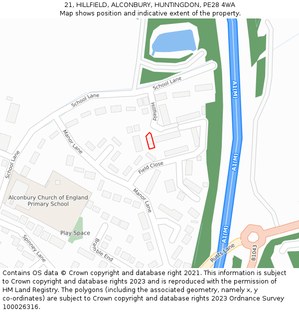 21, HILLFIELD, ALCONBURY, HUNTINGDON, PE28 4WA: Location map and indicative extent of plot