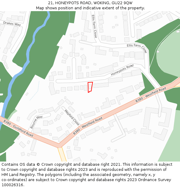 21, HONEYPOTS ROAD, WOKING, GU22 9QW: Location map and indicative extent of plot