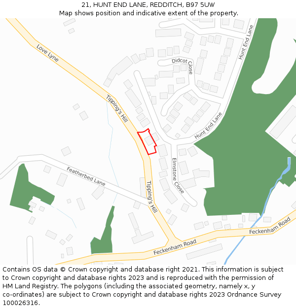 21, HUNT END LANE, REDDITCH, B97 5UW: Location map and indicative extent of plot