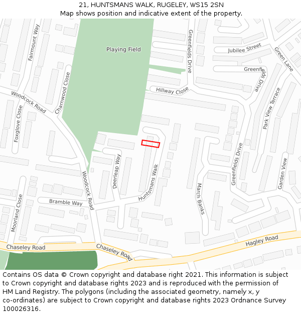 21, HUNTSMANS WALK, RUGELEY, WS15 2SN: Location map and indicative extent of plot