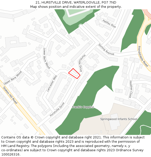 21, HURSTVILLE DRIVE, WATERLOOVILLE, PO7 7ND: Location map and indicative extent of plot