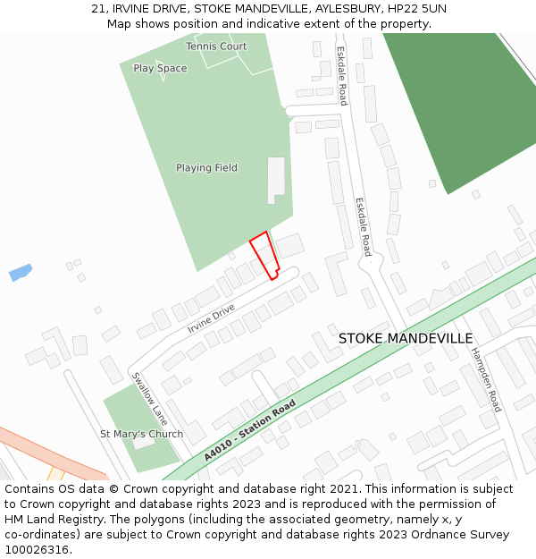 21, IRVINE DRIVE, STOKE MANDEVILLE, AYLESBURY, HP22 5UN: Location map and indicative extent of plot