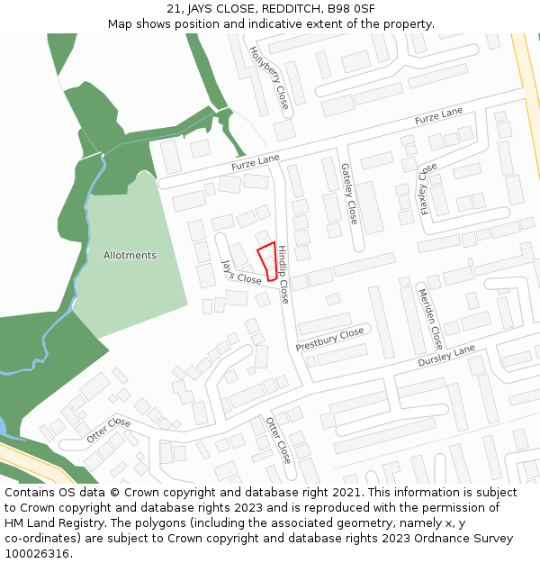 21, JAYS CLOSE, REDDITCH, B98 0SF: Location map and indicative extent of plot