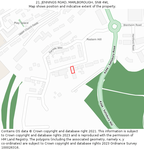 21, JENNINGS ROAD, MARLBOROUGH, SN8 4WL: Location map and indicative extent of plot