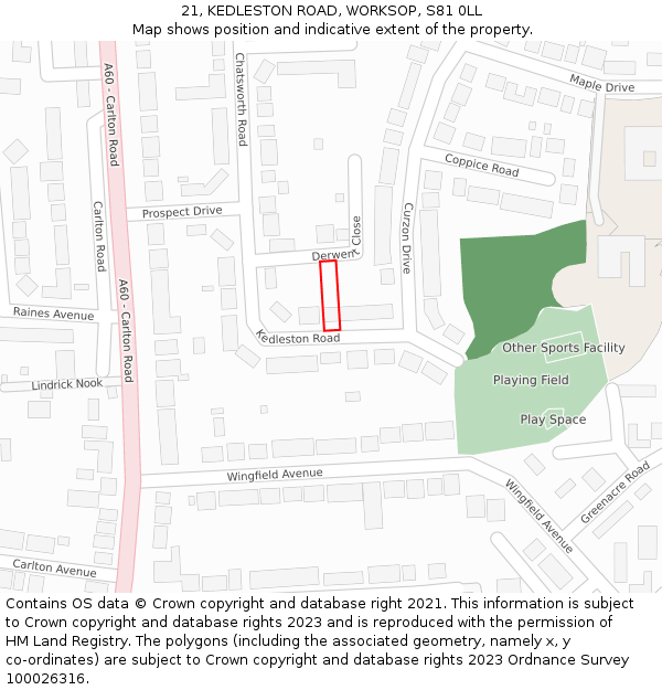 21, KEDLESTON ROAD, WORKSOP, S81 0LL: Location map and indicative extent of plot