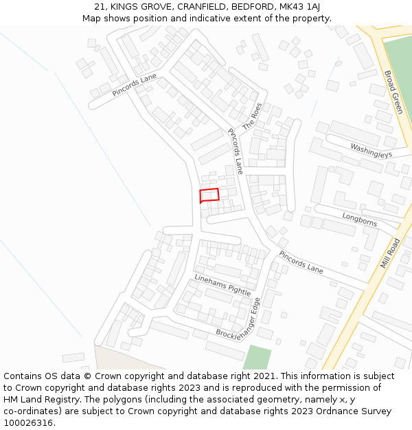 21, KINGS GROVE, CRANFIELD, BEDFORD, MK43 1AJ: Location map and indicative extent of plot