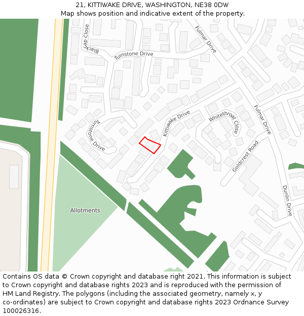 21, KITTIWAKE DRIVE, WASHINGTON, NE38 0DW: Location map and indicative extent of plot