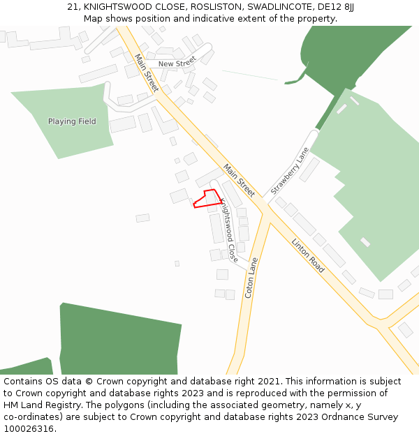 21, KNIGHTSWOOD CLOSE, ROSLISTON, SWADLINCOTE, DE12 8JJ: Location map and indicative extent of plot