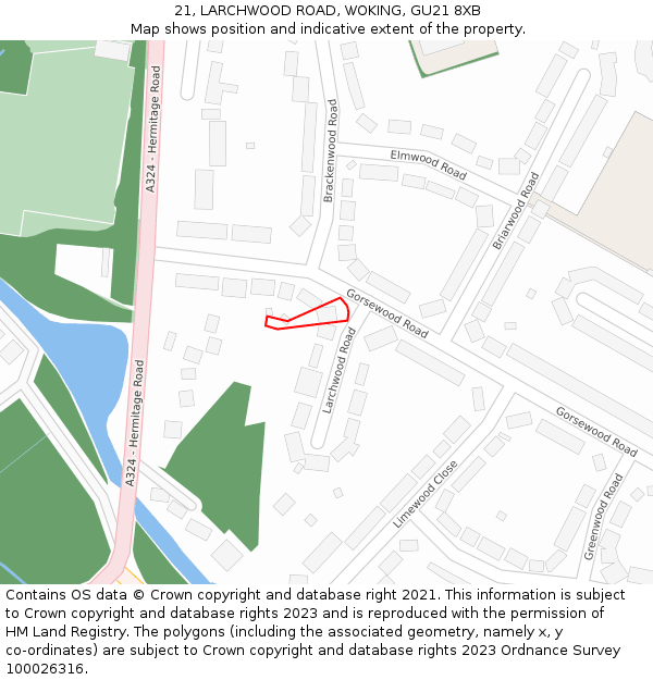 21, LARCHWOOD ROAD, WOKING, GU21 8XB: Location map and indicative extent of plot