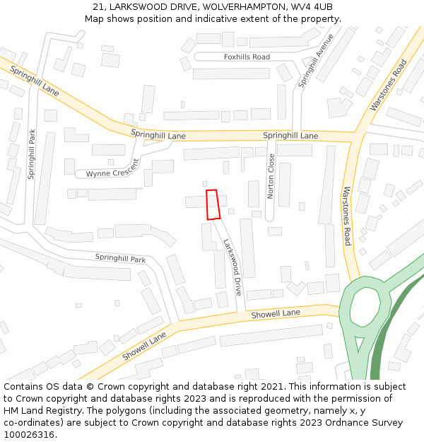 21, LARKSWOOD DRIVE, WOLVERHAMPTON, WV4 4UB: Location map and indicative extent of plot