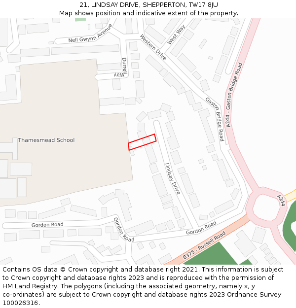 21, LINDSAY DRIVE, SHEPPERTON, TW17 8JU: Location map and indicative extent of plot