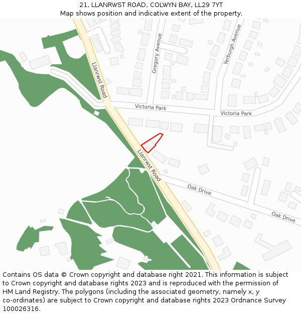 21, LLANRWST ROAD, COLWYN BAY, LL29 7YT: Location map and indicative extent of plot