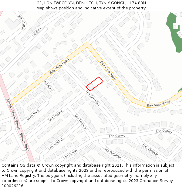 21, LON TWRCELYN, BENLLECH, TYN-Y-GONGL, LL74 8RN: Location map and indicative extent of plot