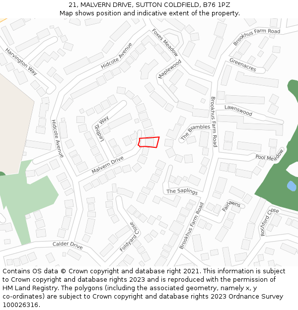 21, MALVERN DRIVE, SUTTON COLDFIELD, B76 1PZ: Location map and indicative extent of plot