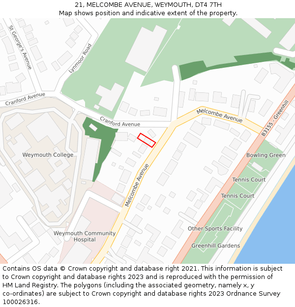 21, MELCOMBE AVENUE, WEYMOUTH, DT4 7TH: Location map and indicative extent of plot