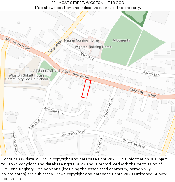 21, MOAT STREET, WIGSTON, LE18 2GD: Location map and indicative extent of plot