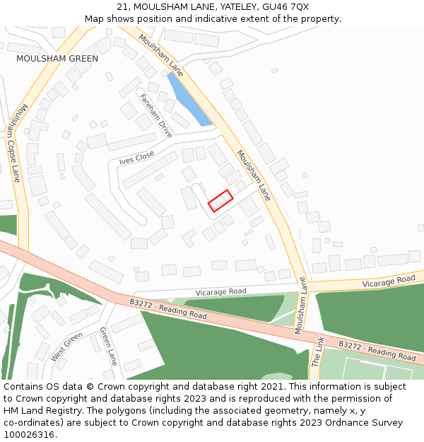 21, MOULSHAM LANE, YATELEY, GU46 7QX: Location map and indicative extent of plot