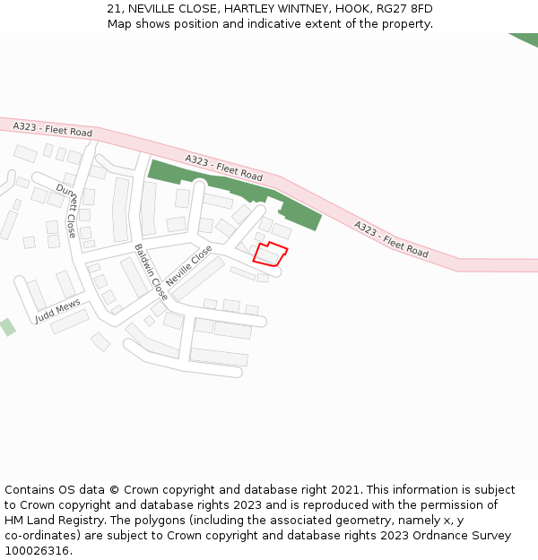 21, NEVILLE CLOSE, HARTLEY WINTNEY, HOOK, RG27 8FD: Location map and indicative extent of plot