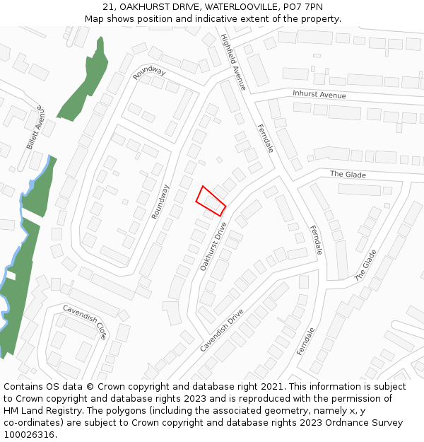 21, OAKHURST DRIVE, WATERLOOVILLE, PO7 7PN: Location map and indicative extent of plot