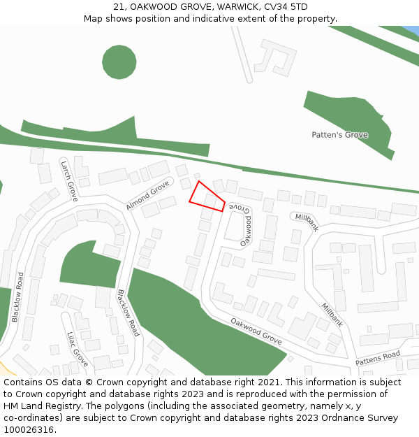 21, OAKWOOD GROVE, WARWICK, CV34 5TD: Location map and indicative extent of plot