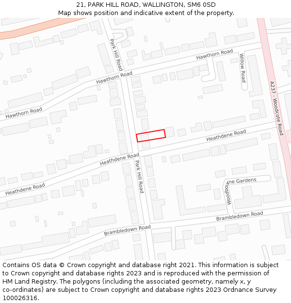 21, PARK HILL ROAD, WALLINGTON, SM6 0SD: Location map and indicative extent of plot