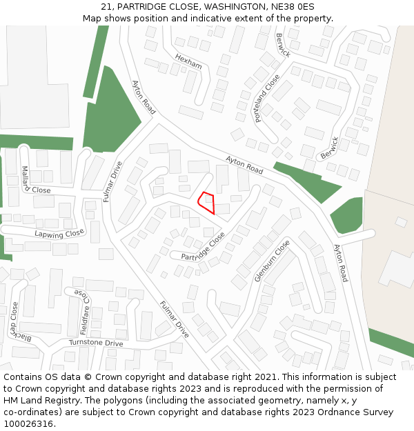 21, PARTRIDGE CLOSE, WASHINGTON, NE38 0ES: Location map and indicative extent of plot