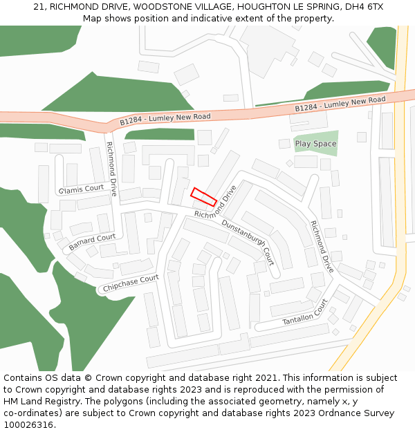 21, RICHMOND DRIVE, WOODSTONE VILLAGE, HOUGHTON LE SPRING, DH4 6TX: Location map and indicative extent of plot