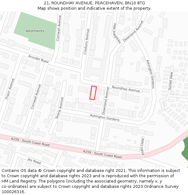 21, ROUNDHAY AVENUE, PEACEHAVEN, BN10 8TG: Location map and indicative extent of plot