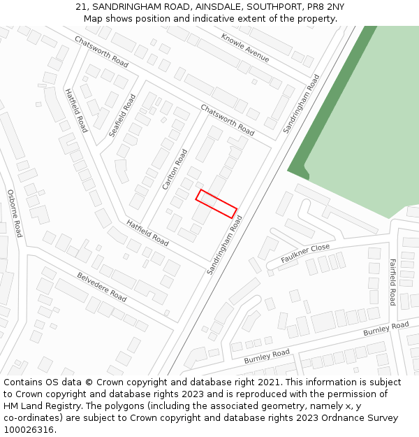 21, SANDRINGHAM ROAD, AINSDALE, SOUTHPORT, PR8 2NY: Location map and indicative extent of plot