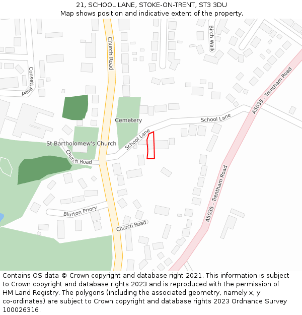 21, SCHOOL LANE, STOKE-ON-TRENT, ST3 3DU: Location map and indicative extent of plot