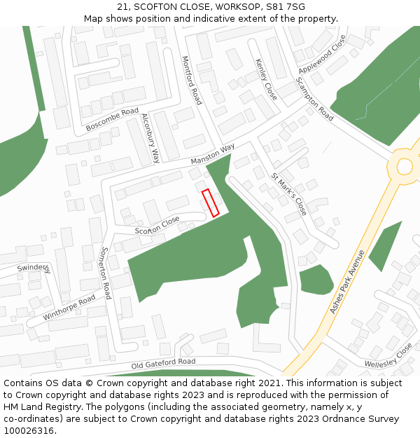 21, SCOFTON CLOSE, WORKSOP, S81 7SG: Location map and indicative extent of plot