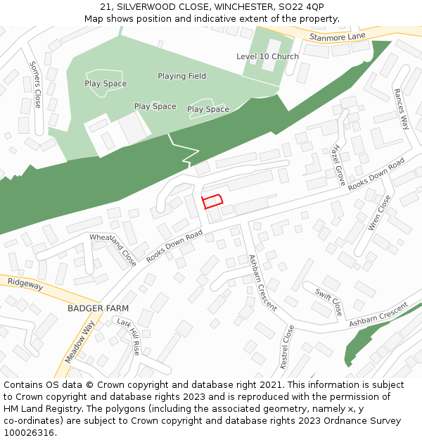 21, SILVERWOOD CLOSE, WINCHESTER, SO22 4QP: Location map and indicative extent of plot