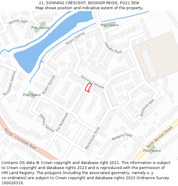 21, SONNING CRESCENT, BOGNOR REGIS, PO21 5EW: Location map and indicative extent of plot