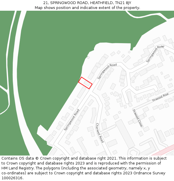 21, SPRINGWOOD ROAD, HEATHFIELD, TN21 8JY: Location map and indicative extent of plot