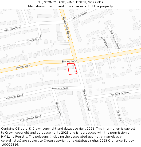 21, STONEY LANE, WINCHESTER, SO22 6DP: Location map and indicative extent of plot