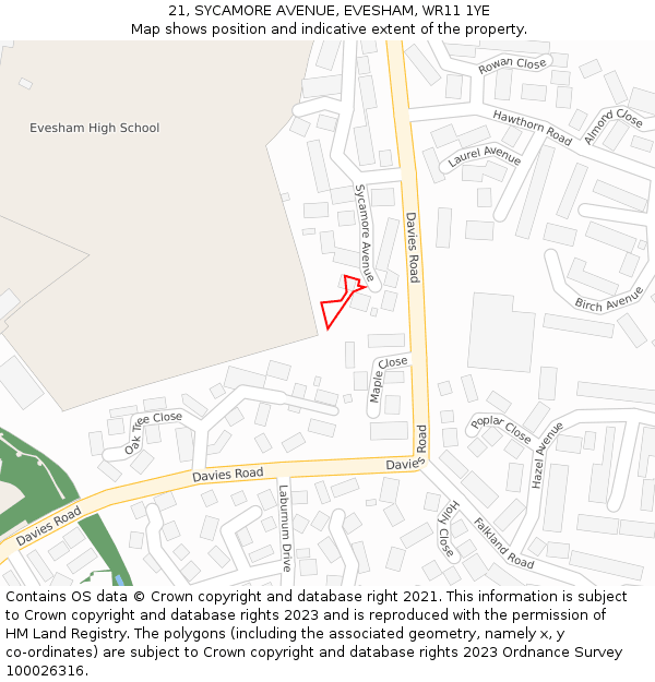 21, SYCAMORE AVENUE, EVESHAM, WR11 1YE: Location map and indicative extent of plot