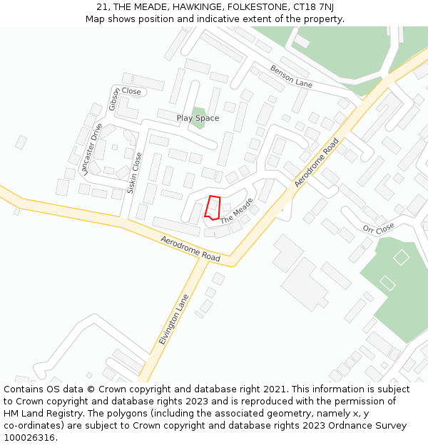 21, THE MEADE, HAWKINGE, FOLKESTONE, CT18 7NJ: Location map and indicative extent of plot