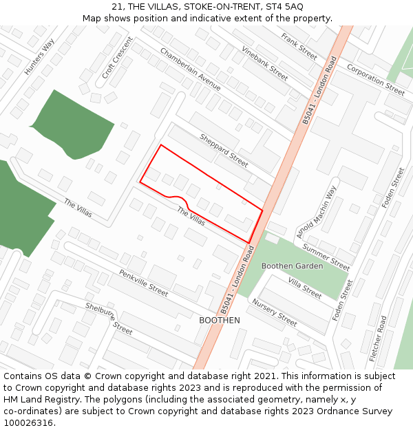 21, THE VILLAS, STOKE-ON-TRENT, ST4 5AQ: Location map and indicative extent of plot