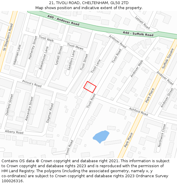 21, TIVOLI ROAD, CHELTENHAM, GL50 2TD: Location map and indicative extent of plot