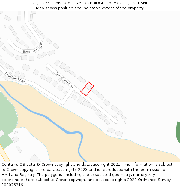 21, TREVELLAN ROAD, MYLOR BRIDGE, FALMOUTH, TR11 5NE: Location map and indicative extent of plot