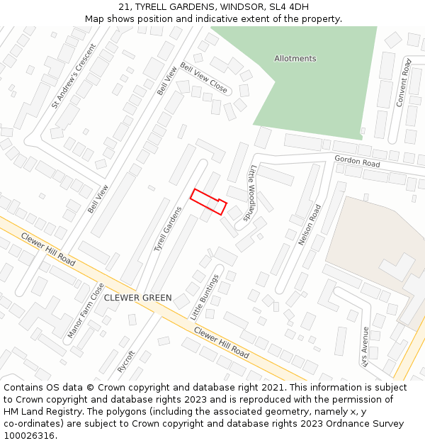 21, TYRELL GARDENS, WINDSOR, SL4 4DH: Location map and indicative extent of plot