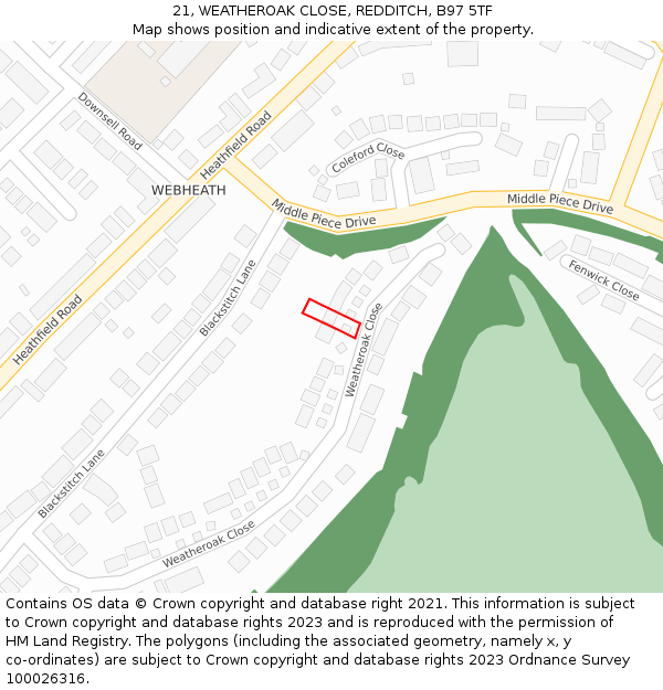 21, WEATHEROAK CLOSE, REDDITCH, B97 5TF: Location map and indicative extent of plot