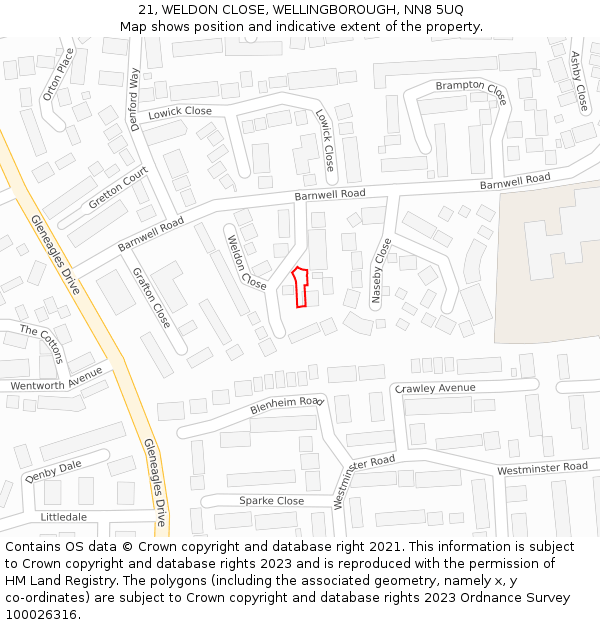 21, WELDON CLOSE, WELLINGBOROUGH, NN8 5UQ: Location map and indicative extent of plot