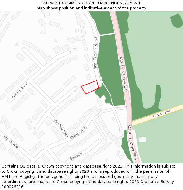 21, WEST COMMON GROVE, HARPENDEN, AL5 2AT: Location map and indicative extent of plot