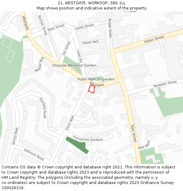 21, WESTGATE, WORKSOP, S80 1LL: Location map and indicative extent of plot