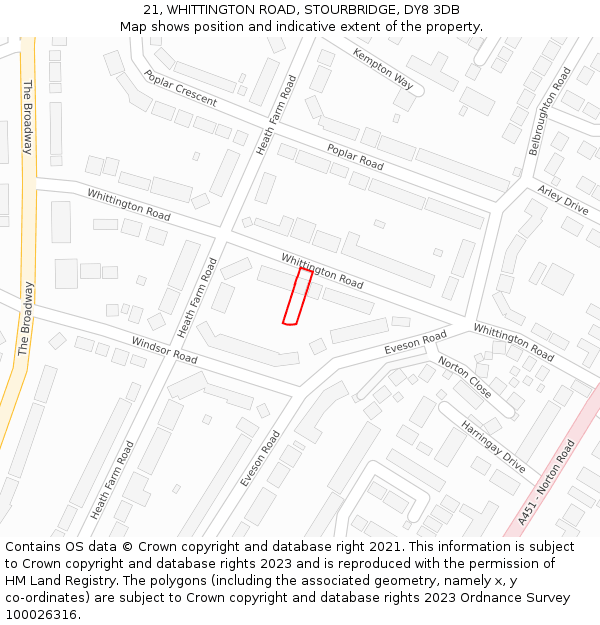 21, WHITTINGTON ROAD, STOURBRIDGE, DY8 3DB: Location map and indicative extent of plot
