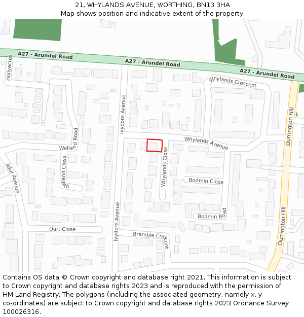 21, WHYLANDS AVENUE, WORTHING, BN13 3HA: Location map and indicative extent of plot