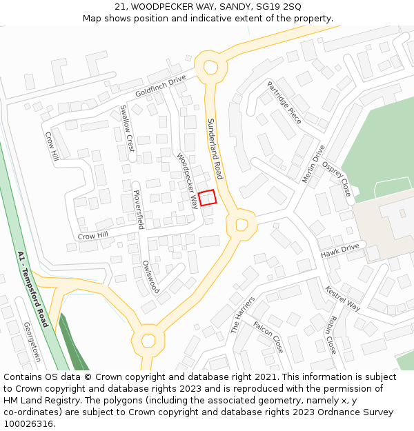 21, WOODPECKER WAY, SANDY, SG19 2SQ: Location map and indicative extent of plot