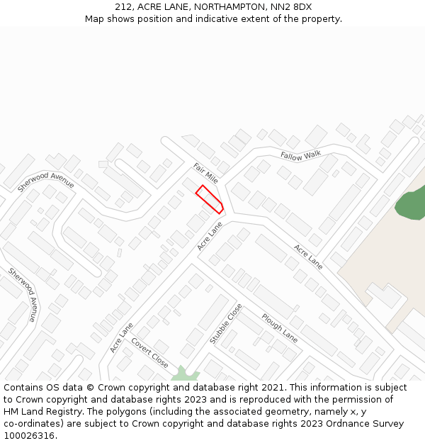212, ACRE LANE, NORTHAMPTON, NN2 8DX: Location map and indicative extent of plot