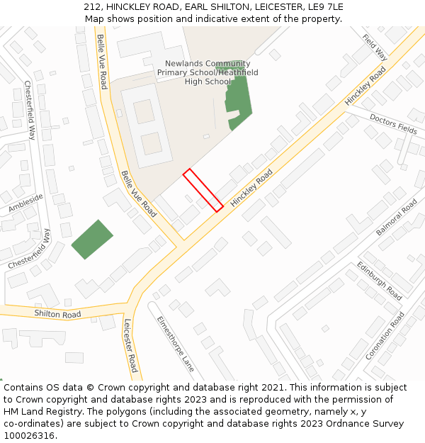 212, HINCKLEY ROAD, EARL SHILTON, LEICESTER, LE9 7LE: Location map and indicative extent of plot